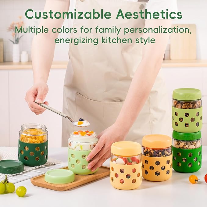 Gemice 6-Pack 16 oz Overnight Oats Containers with Lids and Silicone Sleeves, Glass Mason Jars with Airtight Lid, Dishwasher Safe, Wide Mouth Chia Seed Pudding Meal Prep Jar for Yogurt Berries Snack
