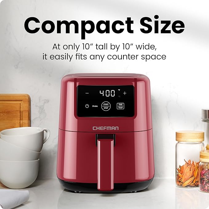 CHEFMAN 2 Qt Mini Air Fryer – Digital Space-Saving Compact Air Fryer with Nonstick and Dishwasher Safe Basket, Quick & Easy Meals in Minutes, Features Digital Timer and Shake Reminder – Red
