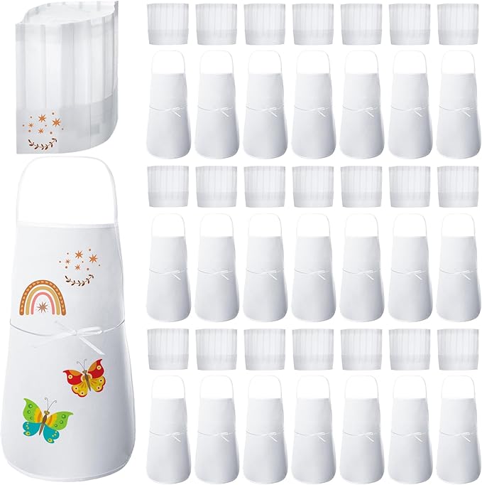 JaGely 60 Pcs Kids Chef Hat and Apron Set Chef Aprons and White Hats Non Woven Fabric Costume for Girls and Boys Cooking