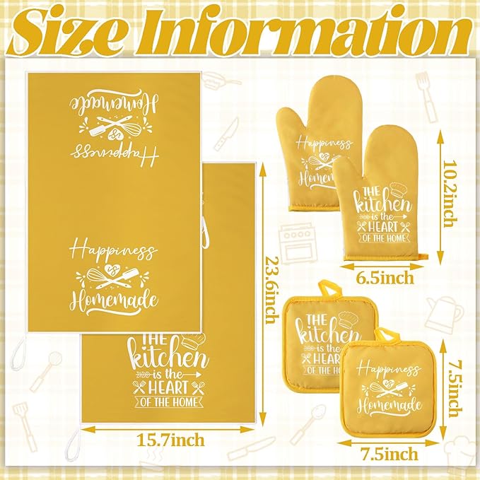 Sratte 6 Pcs Kitchen Decor Accessories Set Farmhouse Towels Pot Holders Oven Mitts Set 2 Dish Towels 2 Potholders 2 Cooking Mittens Oven Glove for Christmas Baking Cooking Supply(Yellow,Kitchen)