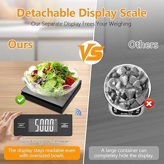 Digital Kitchen Scale with Detachable Display Wireless Food Scale, 11lb/5kg Capacity, 1g Precision, 304 Stainless Steel, Backlit LCD, Tare Function for Baking, Cooking, Meal Prep, Black