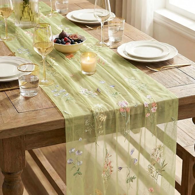 Artoid Mode Wildflower Floral Fern Green Gauze Embroidery Table Runner 120 Inch 10FT, Tulle Seasonal Spring Kitchen Dining Table Decor for Home Party
