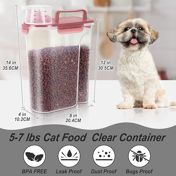 LEAWALK 5-7Lbs Dog Cat Food Storage Container with Upgraded Large Nozzle BPA-free, 4 Snap Seals Plastic Pet Food Storage Containers with Handles (Clear Pink, 5L-1pack)