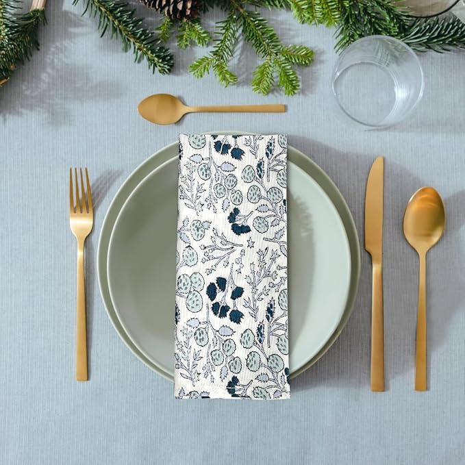 Ridhi Denim Blue Hand Block Print 100% Cotton Napkins 18" x 18" (Set of 4) Reuseable Kitchen Napkins Cloth Decor Dinner Party Wedding Cocktail Gift for Spring, Easter, Valentine
