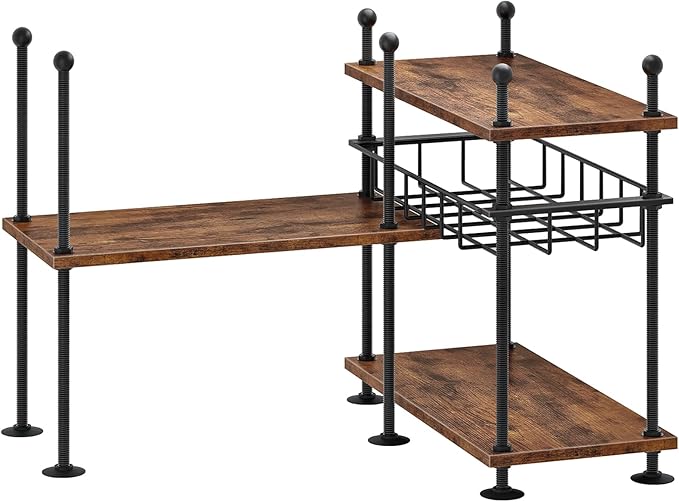 HOOBRO Kitchen countertop Organizer, 4-Tier Adjustable Kitchen Storage Shelf with Rods & Leveling Feet, 3 Configurations, for Cabinet, Countertop, Bathroom, Office, Rustic Brown and Black BF21TL01