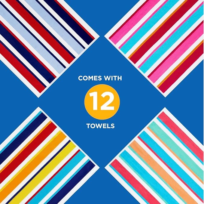 Kaufman - Joey Velour Colored Classic Multi-Color Stripe Beach & Pool Towel - Large 100% Combed Cotton Beach Towel - Soft & Absorbent Colorful Towels - 32" x 62" - 12 Pack