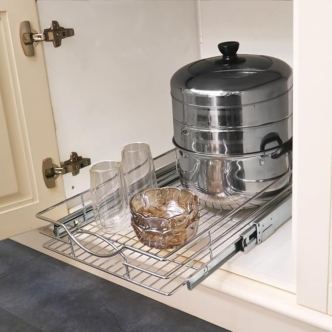 Sikarou Pull Out Cabinet Organizer 20" W x 21" D, Heavy Duty Kitchen Cabinet Pull Out Shelves, Slide Out Wire Basket for Kitchen Cabinets, Bathroom, Pantry, Chrome Finish