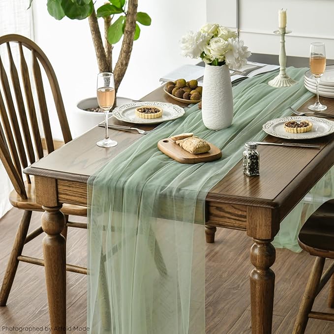Artoid Mode 6PCS Sage Green Gauze Table Runner 120 Inch 10FT, Seasonal Sheer Kitchen Dining Holiday Wedding Birthday Baby Shower Table Decor for Home Party