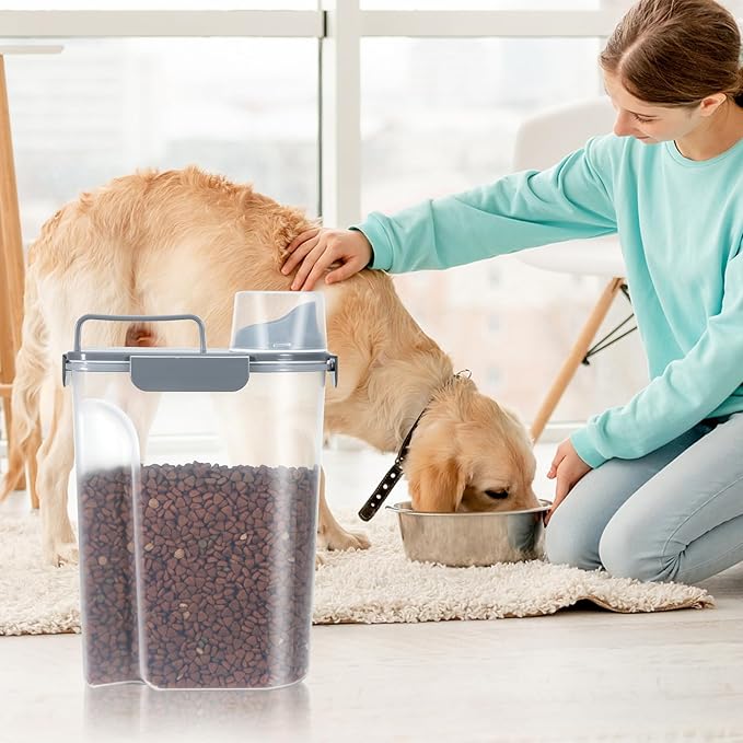 LEAWALK Large Spout Pet Food Storage Container, 5-7LBS/6Qt/5L Meter Dispenser with Handle, Measuring Cup, Double Sealing Tape and 4 Safety Snaps to Seal Dog Food and Cat Food-Gray Blue