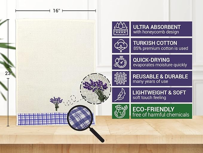 Lavien Home Cotton Kitchen Towels Set of 4 - Lavender Embroidered Tea Towels, Absorbent and Soft Waffle Weave with Plaid, 16x24 inches