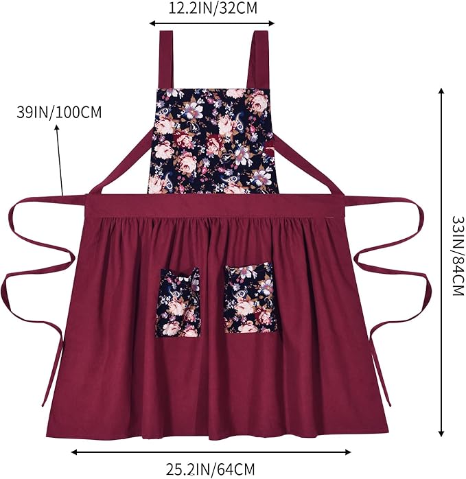 Pinknoke Vintage Pinafore Apron Dress for Women with Pockets Cute Floral Chef Aprons for Kitchen Cooking Baking Gardening