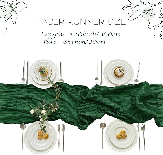 IVAPUPU 4 Pcs Cheesecloth Table Runner - 10ft Emerald Green Boho Gauze Cheese Cloth Table Runners for Baby Shower Decorations Wedding Party Summer Garden Decor