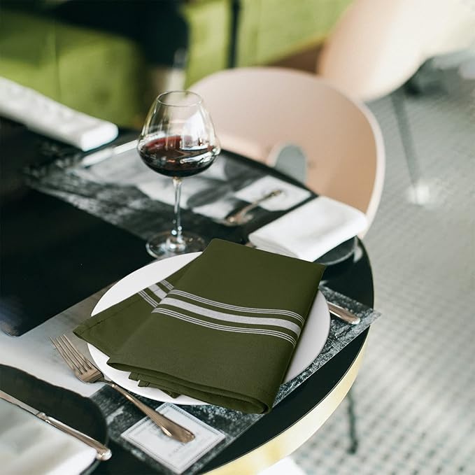 Bistro Stripe Cloth Napkins Set of 12 Pack, Dinner Napkins Cloth Washable 18 * 22 Inches, MJS Commercial Quality, Reusable Table Napkins Cloth, Non-Iron, No Fade, Sage Green White Stripes