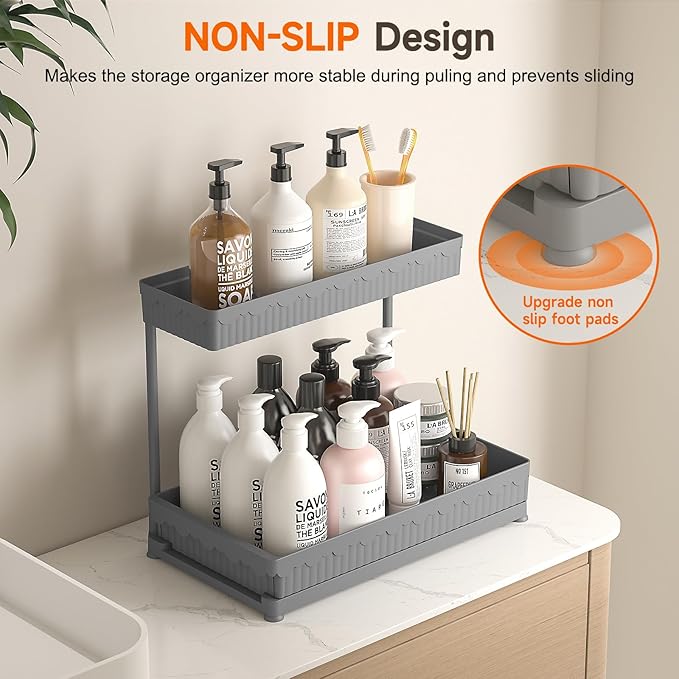Sevenblue 3 Pack Multi-Purpose Under Sink Organizers and Storage, 2026 L-Shaped Pull Out Cabinet Organizer for Bathroom & Kitchen, Under Cabinet Organizer with Hooks Hanging Cup (Grey, 14.85 inch)