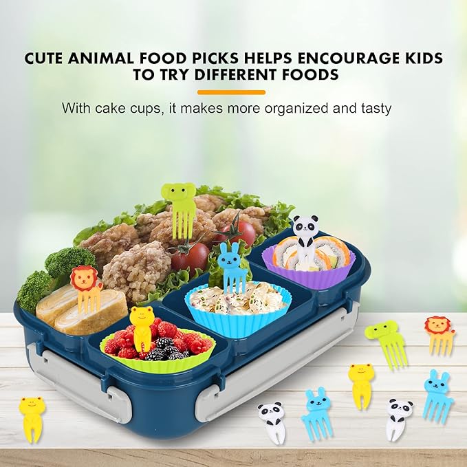 Yumuk Bento Box, Lunch Box Kids, 1300ML Adult with 4 Compartment &Food Picks &Cake Cups, Containers for Adults/Kids/Toddler, Leak-Proof, Microwave/Dishwasher/Freezer Safe(Blue)