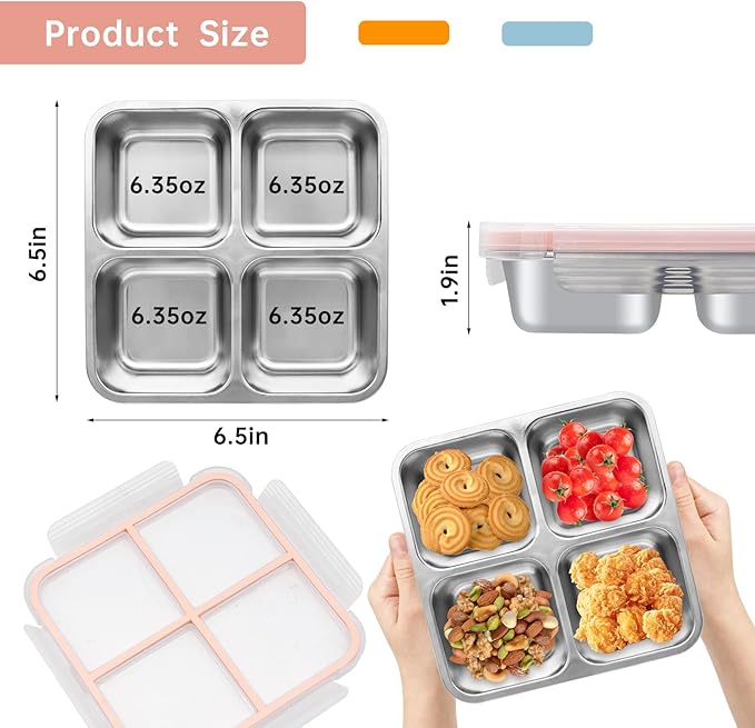 Stainless Steel 4 Compartment Snack Containers,Bento Lunch Box, Divided Meal Prep Food Storage Containers for Work and Travel