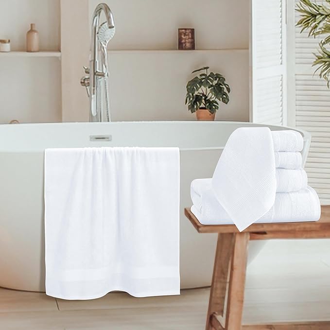 Belizzi Home 8 Piece Towel Set 100% Ring Spun Cotton, 2 Bath Towels 27x54, 2 Hand Towels 16x28 and 4 Washcloths 13x13 - Ultra Soft Highly Absorbent Machine Washable Hotel Spa Quality - White