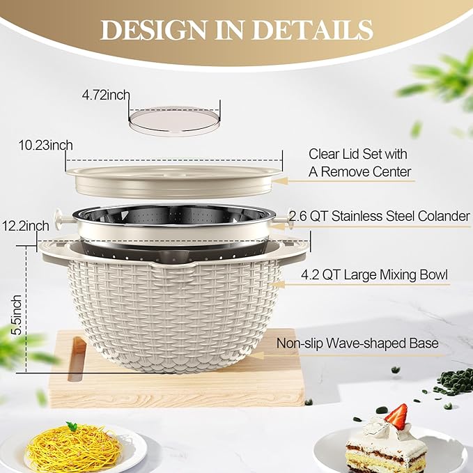 4-1 Colander with Bowl Set - Rotatable Colander for Kitchen (Patented), Upgraded Graters Food Strainers for Pasta Fruits and Vegetables, Funny Presents for Women, Aesthetic Kitchen Gadget - Beige