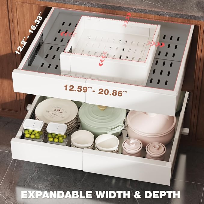 Seinloes 2 Pack Pull Out Cabinet Organizer Expandable Width(13"-21") and Depth(13"-17"),Slide Out Drawers With Raising Pad for Framed Cabinets,No Drill Roll Out Shelves for kitchen,Bathroom,White