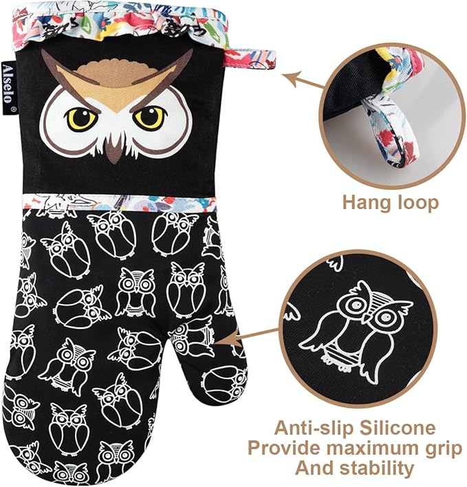 Alselo Oven Mitts, Heat Resistant with Soft Quilted Cotton Lining Set of 2, Fashion Animal Design with Silicone Printing Anti-Slip Kitchen Gloves for Safe Backing Cooking Barbecue（Black 2）