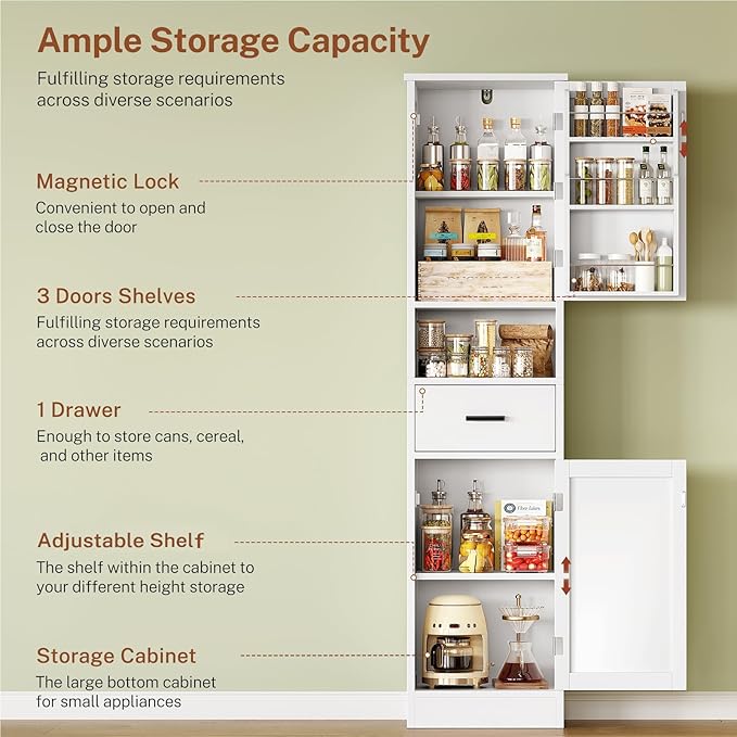TEENFON 67" H Tall Storage Cabinet with 2 Doors, Bathroom Storage Cabinet, Kitchen Pantry Cabinets for Living Room, Dining Room, Bathroom, White