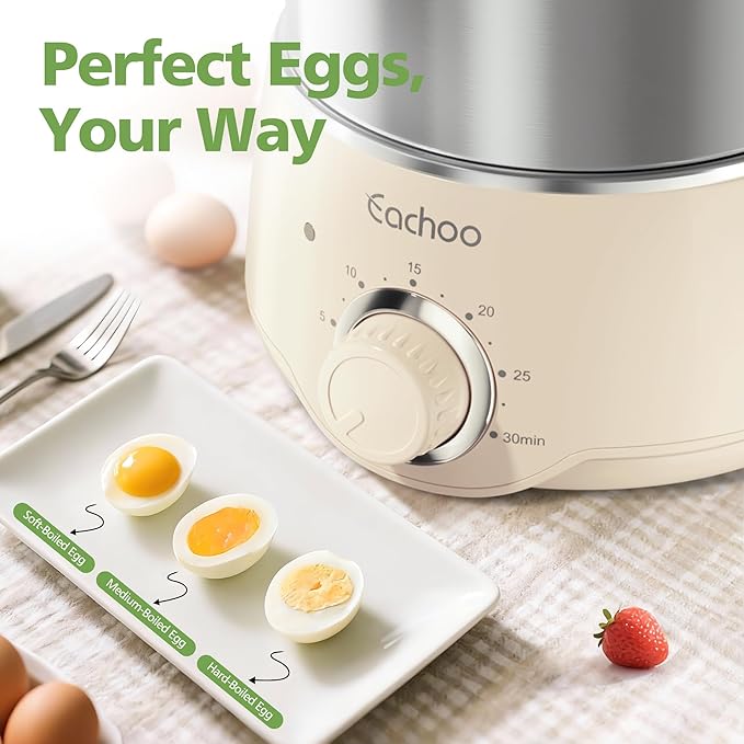 Hard Boiled Egg Cooker - CACHOO 14-Egg Rapid Stainless Steel Egg Boiler with 30-Min Timer & Auto Shut Off, Compact Electric Vegetable Steamer for Cooking, Dishwasher Safe, Beige