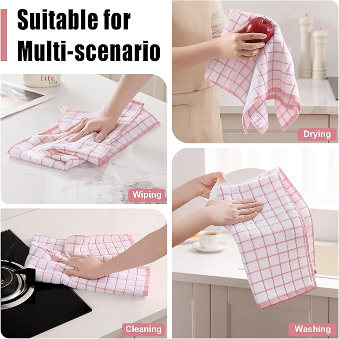 Homaxy Premium Kitchen Towels(16”x 28”, 8 Pack), Large Ring Spun Cotton Dish Towels, Super Absorbent Soft Terry Kitchen Hand Towels, Check Design Tea Towel Set with Hanging Loop, Pink