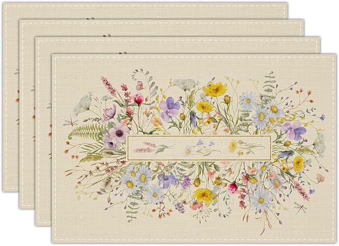 Wildflower Linen Placemats Set of 4, Wild Flowers Waterproof Washable Heat Resistant Place Mats 12x18 Inch, Table Mat for Outdoor Indoor Home Kitchen Party Dining Decoration-05