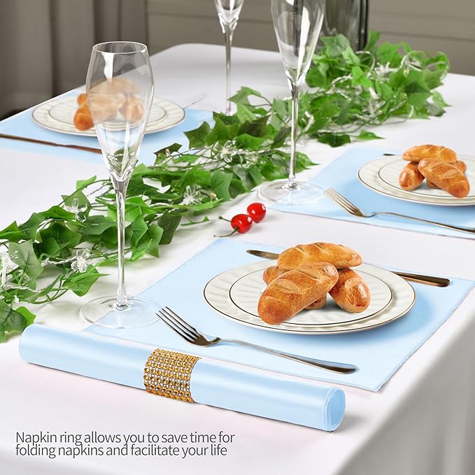 100 Pack Light Blue Satin Napkins and Napkin Rings Set, 12 x 12 Inch Silky Soft Cloth Napkins Set of 50, Square Satin Dinner Table Napkins Bulk for Wedding Banquet Graduation Party Decoration