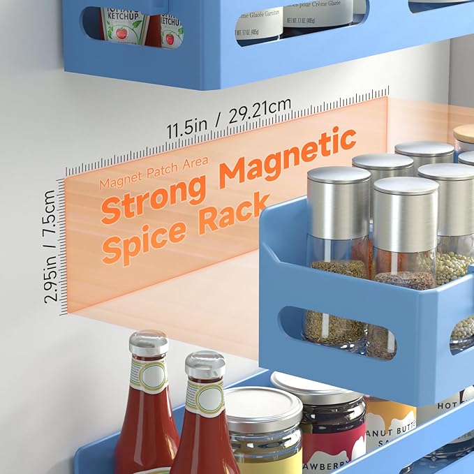 Sevenblue 4 Pack Strong Magnetic Spice Rack for Refrigerator, Multipurpose Magnetic Shelf for Fridge with 4 Hooks for kitchen and Bathroom Organization, Blue