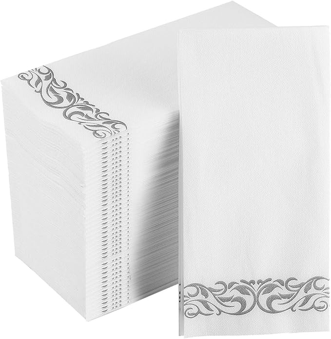 FOCUSLINE 200 Linen Feel Disposable Bathroom Napkins, Soft and Absorbent Paper Guest Towels, Cloth-Like Paper Hand Towels Decorative Napkins for Parties, Weddings, Dinners or Events, Silver, 12" x 17"
