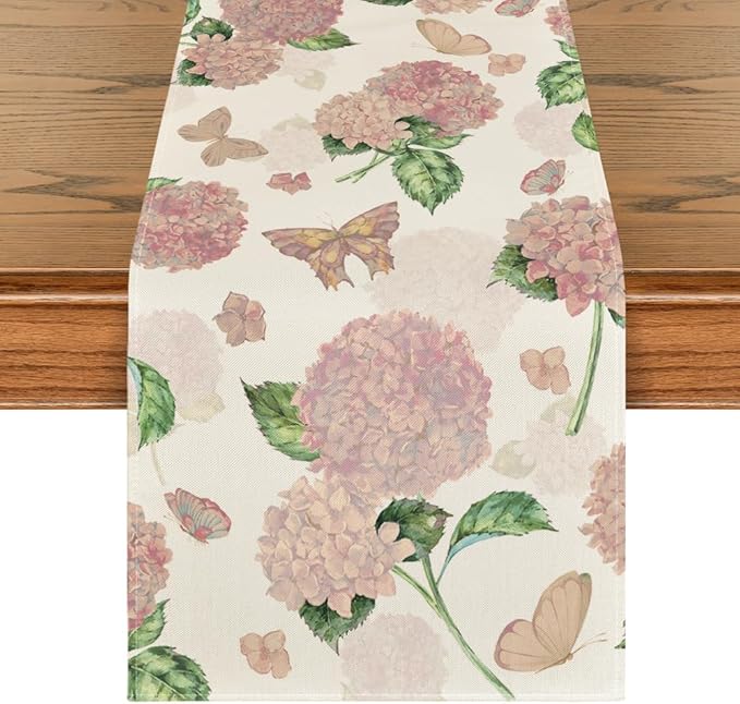 Artoid Mode Pink Hydrangea Butterfly Spring Table Runner, Seasonal Summer Holiday Kitchen Dining Table Decoration for Home Party Decor 13x72 Inch
