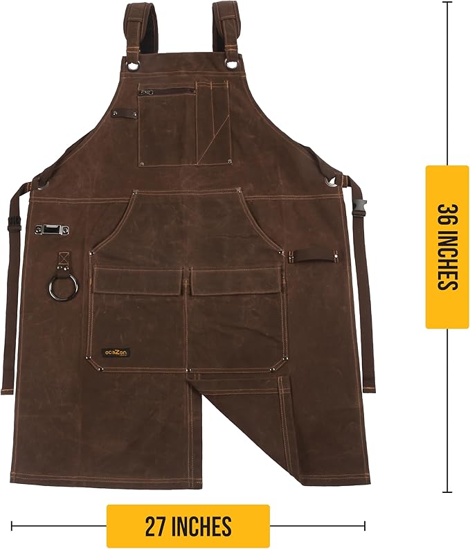 ecoZen 16oz Waxed Canvas Work Apron with Pockets - Waterproof, Fully Adjustable to Comfortably Fit Men and Women, 27 x 34 inches, Tough Tool Apron for Lasting Protection - Brown, Size S to XXL