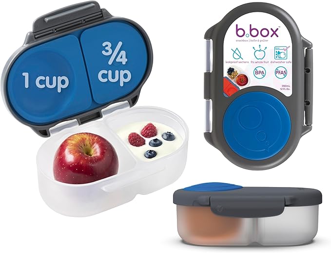 b.box Snack Box - Leakproof Mini Bento Box for Kids & Toddlers, 2 Compartment Snack Containers for Kids, Lunch Containers, Dishwasher Safe, BPA Free, PFAS Free, Ages 4m+, 1 3/4 Cup - Blue Slate