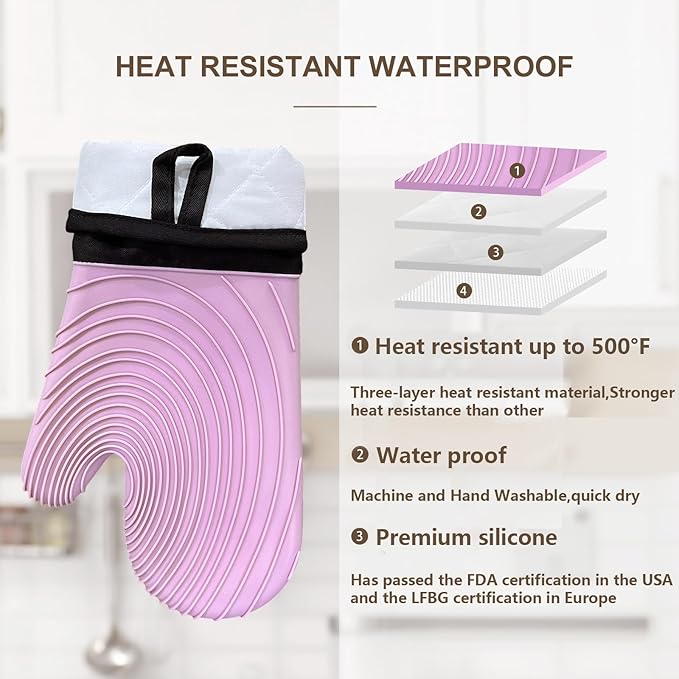 Silicone Oven Mitts-13.6 in Extended Oven Mitts Heat Resistant 500F, Oven Gloves with Soft Liner Good Grippy BPA-Free Easy to Clean Flexible-Oven Mits Set for Cooking Baking Grilling BBQ