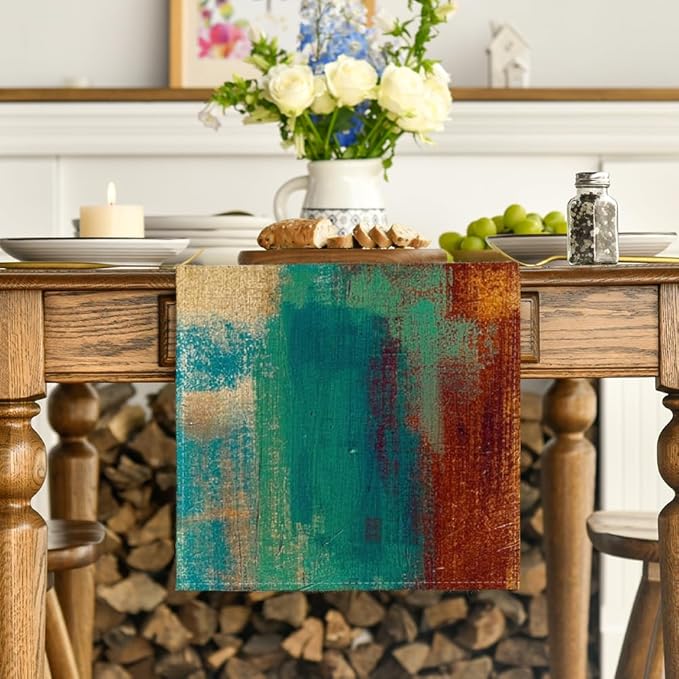 Artoid Mode Brown Blue Abstract Modern Art Table Runner, Seasonal Farmhouse Style Kitchen Dining Table Decoration for Home Party Decor 13x72 Inch