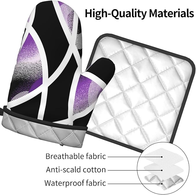 3-Piece Purple Black Abstract Geometric Oven Mitts and Pot Holders Set, Heat Resistant Modern Art Kitchen Gloves Hot Pads for Baking Cooking Grilling, Chef Gifts for Cooking Lovers, Home Decor, Purple