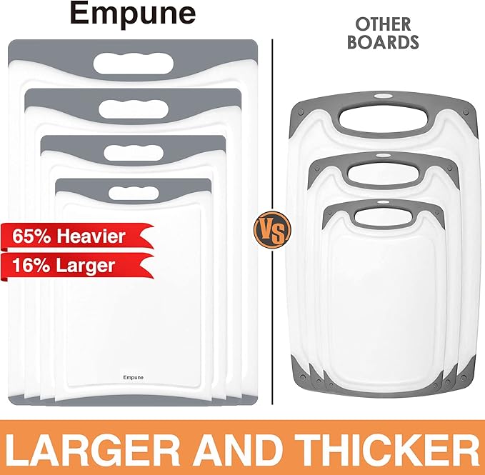 Extra Large Cutting Boards, Plastic Cutting Boards for Kitchen (Set of 4) Cutting Board Set Dishwasher Safe Chopping Board with Juice Grooves Easy-Grip Handles, Grey, Empune
