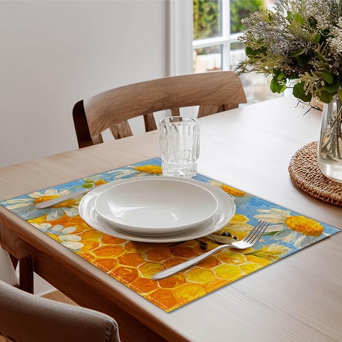 HOMETITUTE Placemats Set of 4 12x18 inch Spring Table Mats for Dining Table Honeycomb Bee Linen Placemats Farmhouse Decorations Kitchen Decor Desk Mat for Outdoor Home Party Kitchen Seasonal Dining