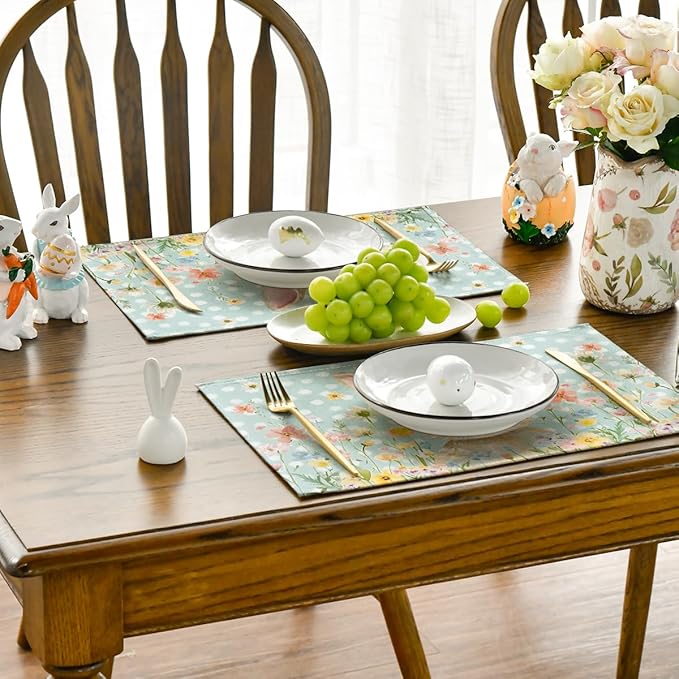 Artoid Mode Blue Bunny Polka Dot Easter Placemats Set of 4, 12x18 Inch Flower Seasonal Spring Holiday Table Mats for Party Kitchen Dining Decoration
