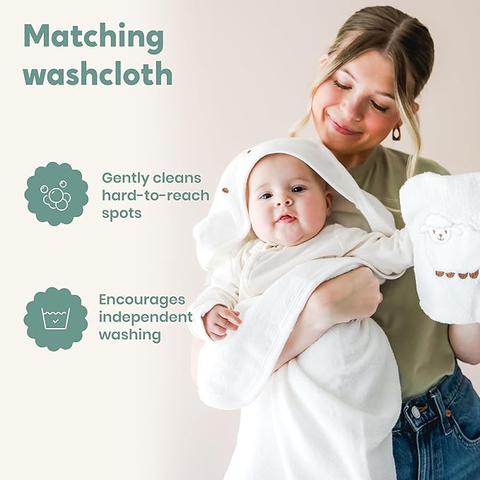 CuddleBug Premium Hooded Baby Bath Towel & Washcloth Set (Bear) - 100% Cotton Terrycloth Hooded Baby Towels for Newborn & Toddler - Super-Soft & Absorbent, Newborn Essentials (33" x 33") - White Lamb