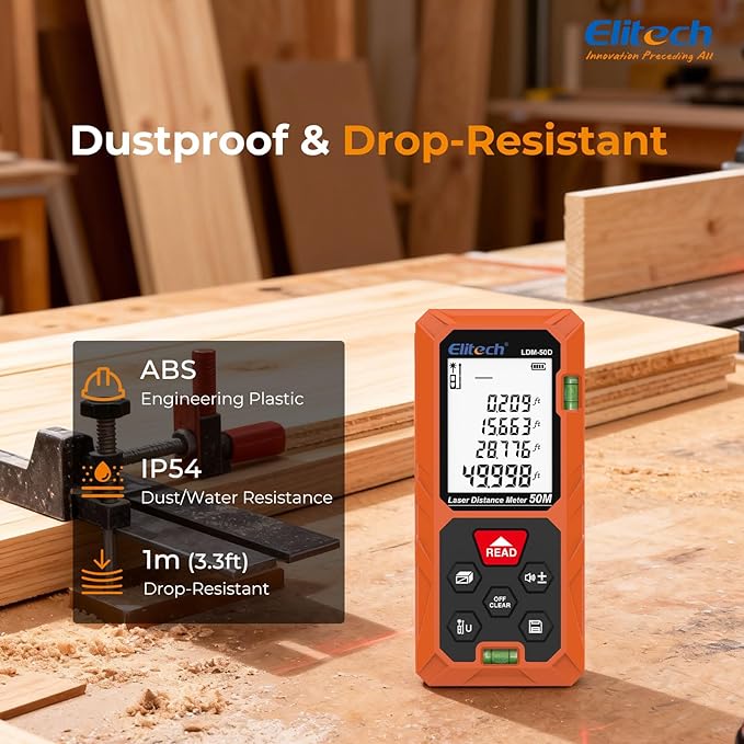 Elitech Laser Measuring Tool 165ft with Mute, Ft/in/M Switching for Home Renovation & DIY