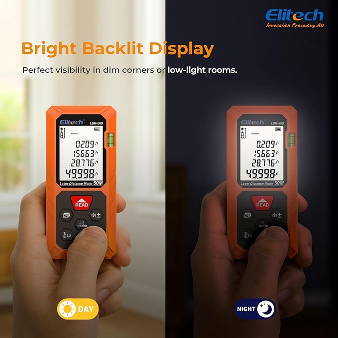 Elitech Laser Measuring Tool 165ft with Mute, Ft/in/M Switching for Home Renovation & DIY