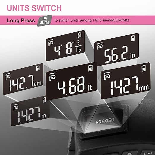 PREXISO 2-in-1 Digital Tape Measure - 16Ft Pink Digital Measuring Tape Rechargeable, Ft/Ft+in/in/M/CM/MM Unit - Metric & Inches Retractable Electronic Tape Measure Auto Lock, Pythagorean, Area, Volume