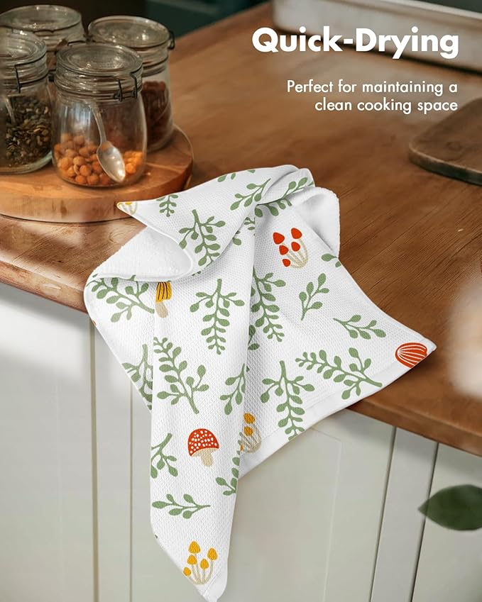 Miss Adola 2pcs Waffle Kitchen Towels - 16x26 Inch Cotton Waffle Weave Dish Cloths Set of 2 with Hanging Loop Absorbent Hand Tea Towels Cute Design for Housewarming Gift, Mushroom