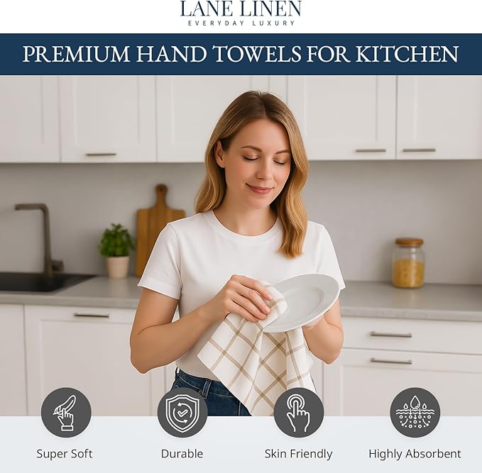 LANE LINEN Cotton Kitchen Towels and Dish Cloths Set, 6-Pack – Absorbent, Quick-Drying Dish Towel, 18" x 28", Soft, Premium Hand and Tea Towels - Beige