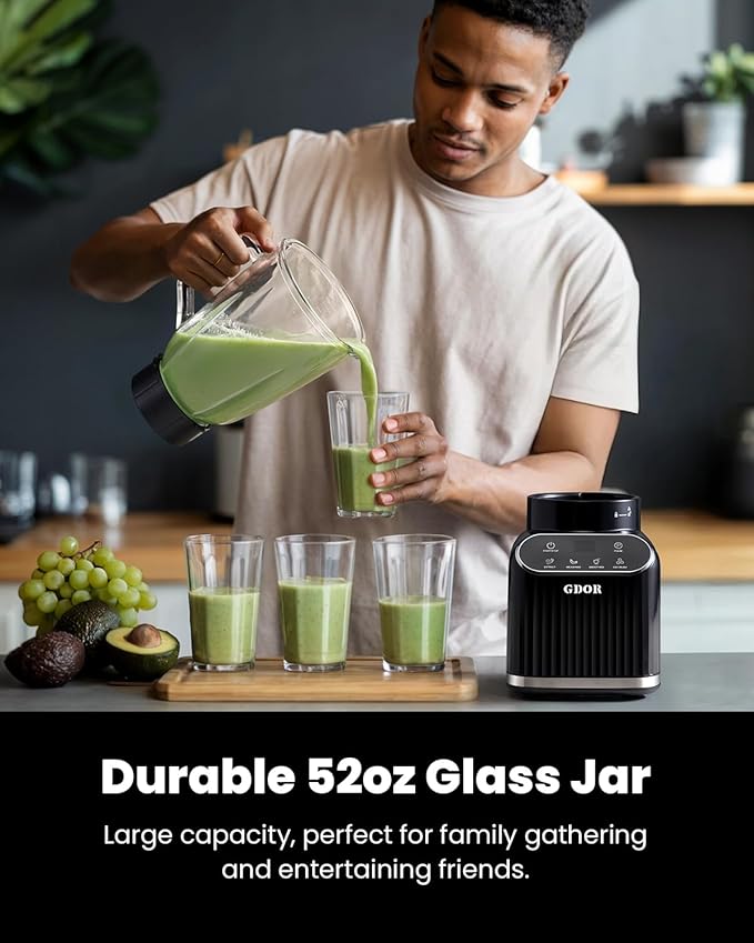 GDOR Professional Blender for Kitchen, 1200 Peak Watts Smoothie Blender, 5 Functions for Ice Crushing & Frozen Fruit, 52 Oz Glass Jar & 24 Oz To-Go Cup Combo, Self-Cleaning, Black