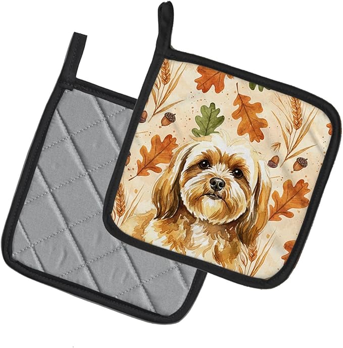 Caroline's Treasures Gold Lhasa Apso Heirloom Fall Pair of Pot Holders Pair 7.5x7.5 Quilted Insulated Hot Pads Decorative Kitchen Gift Made in USA