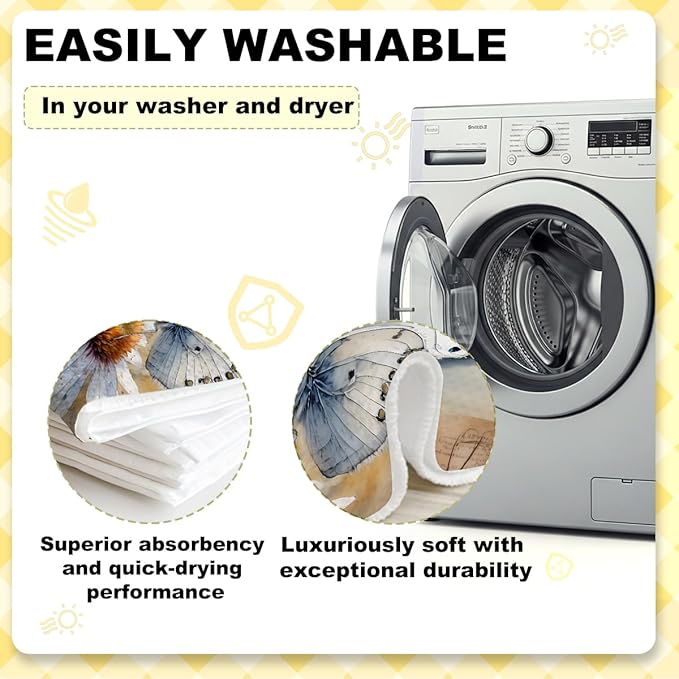 ZHAMEN 3 Pcs Vintage Daisy Kitchen Towels, White Butterfly Decorative Absorbent Microfiber Dish Cloth Tea Towel, Watercolor Waffle Soft Hand Towels for Farmhouse Home Bathroom, Housewarming Gifts