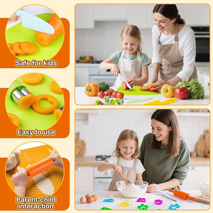 EFO SHM 52 PCS Kids Cooking Sets, Montessori Pretend Play Kitchen Toys for Real Cooking Baking, Toddler Knife Set with Chef Hat & Apron, Kids Baking Set for Boys Girls Christmas Birthday Gift